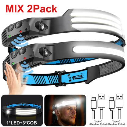 Induction Headlamp COB+LED Head Flashlight Built in Battery USB Rechargeable Outdoor Waterproof Camping Fishing Work Lantern ﻿