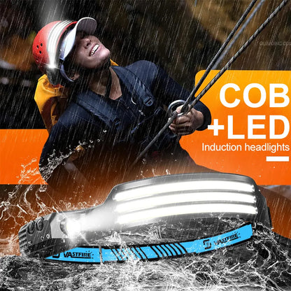 Induction Headlamp COB+LED Head Flashlight Built in Battery USB Rechargeable Outdoor Waterproof Camping Fishing Work Lantern ﻿